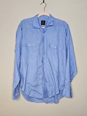 Tailorbyrd 100% Linen Button Front Shirt Long Sleeve Blue Size Large